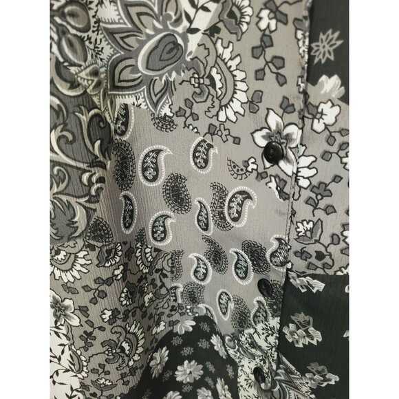 Donkenny Womens  Shirt 1X Black White Paisley Patchwork Button-Up 100% Polyester - Picture 9 of 9